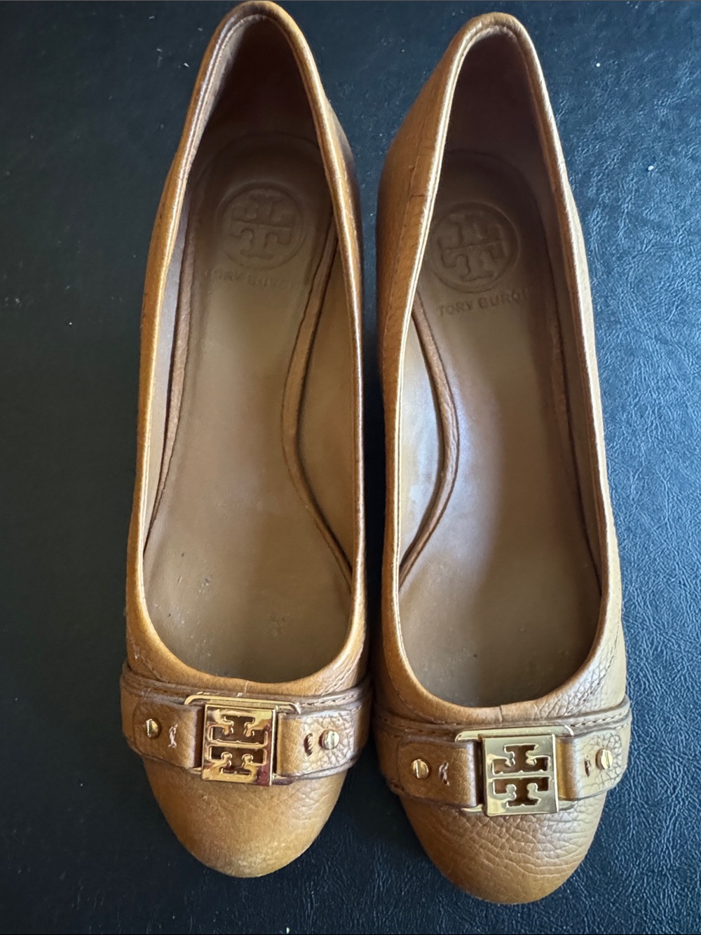 Tory Burch Cognac Leather Logo Wedge Heels
